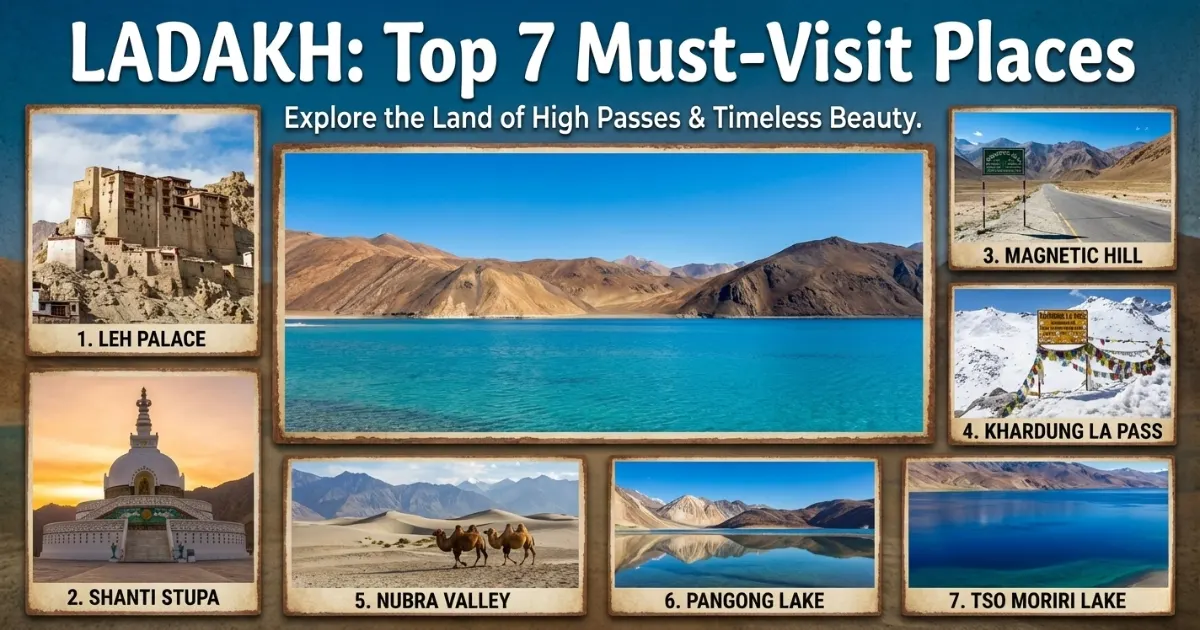 Top places in Ladakh including Leh Palace, Shanti Stupa, Magnetic Hill, Khardung La, Nubra Valley, Pangong Lake, and Tso Moriri.